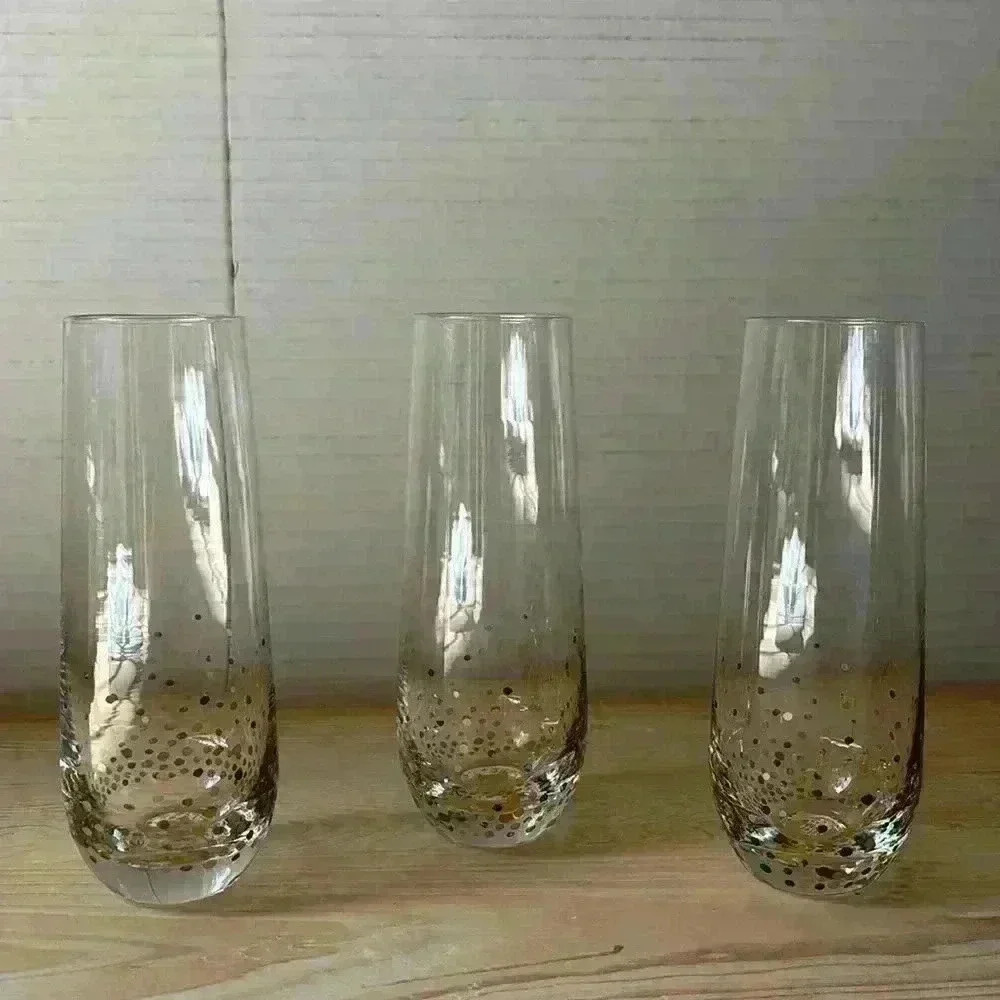 Fitz & Floyd Gold And Black Confetti Dots..3 Stemless Champagne Flutes